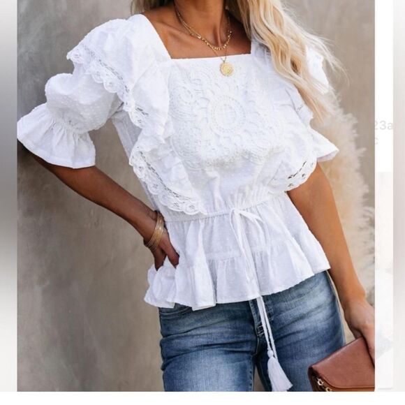 Miou Muse white, embroidered, square-neck detailed blouse size M - Picture 1 of 7